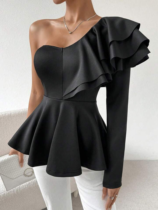 CM-TS448622 Women Elegant Seoul Style One Shoulder Ruffle Trimmed Top - Black