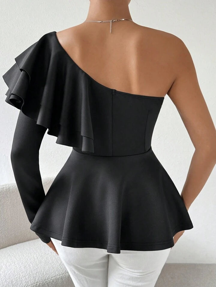 CM-TS448622 Women Elegant Seoul Style One Shoulder Ruffle Trimmed Top - Black