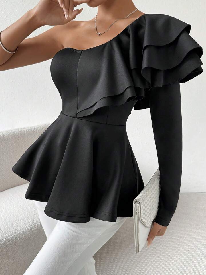CM-TS448622 Women Elegant Seoul Style One Shoulder Ruffle Trimmed Top - Black