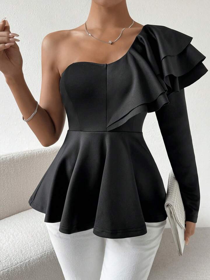 CM-TS448622 Women Elegant Seoul Style One Shoulder Ruffle Trimmed Top - Black