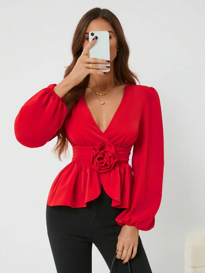 CM-TS263432 Women Elegant Seoul Style Three-Dimensional Floral Long-Sleeved Shirt - Red
