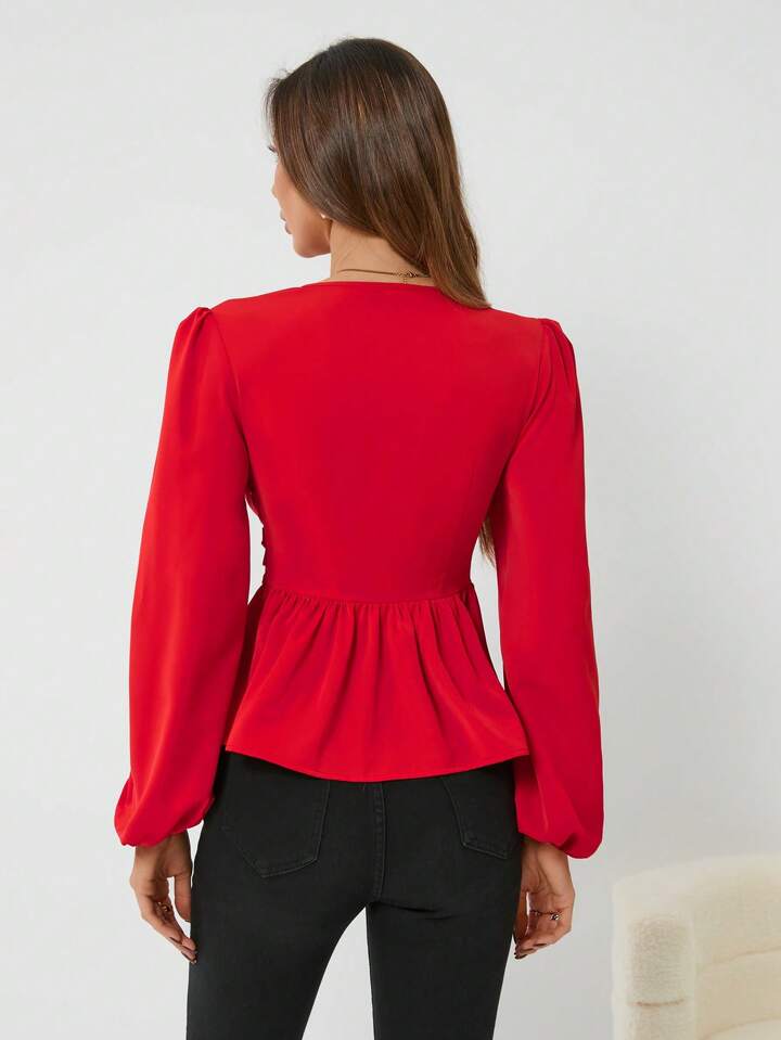 CM-TS263432 Women Elegant Seoul Style Three-Dimensional Floral Long-Sleeved Shirt - Red