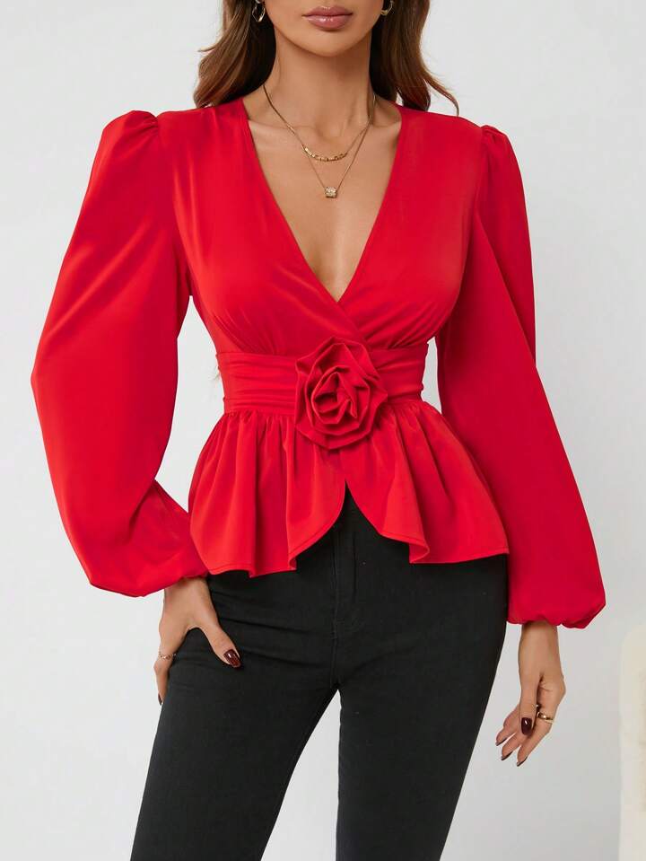 CM-TS263432 Women Elegant Seoul Style Three-Dimensional Floral Long-Sleeved Shirt - Red