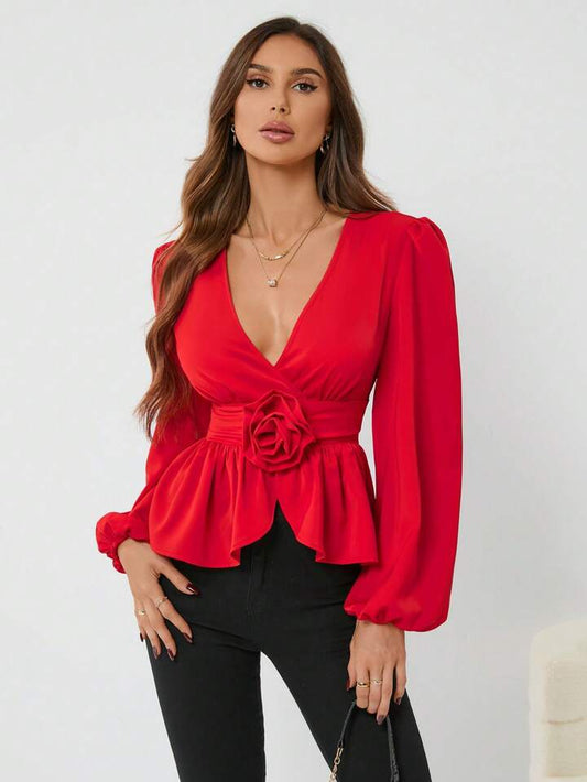 CM-TS263432 Women Elegant Seoul Style Three-Dimensional Floral Long-Sleeved Shirt - Red