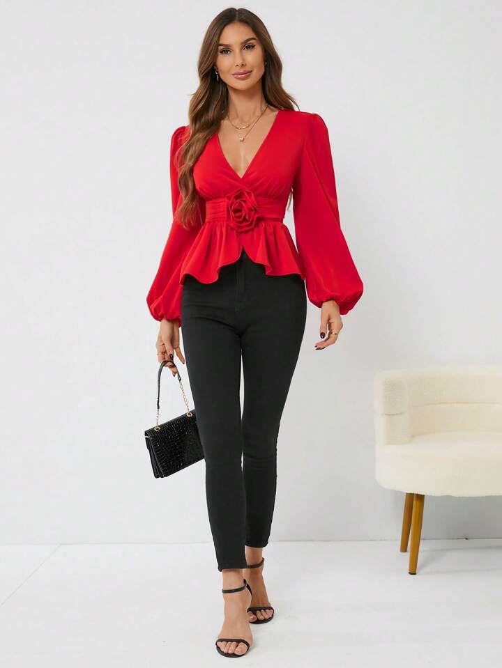 CM-TS263432 Women Elegant Seoul Style Three-Dimensional Floral Long-Sleeved Shirt - Red