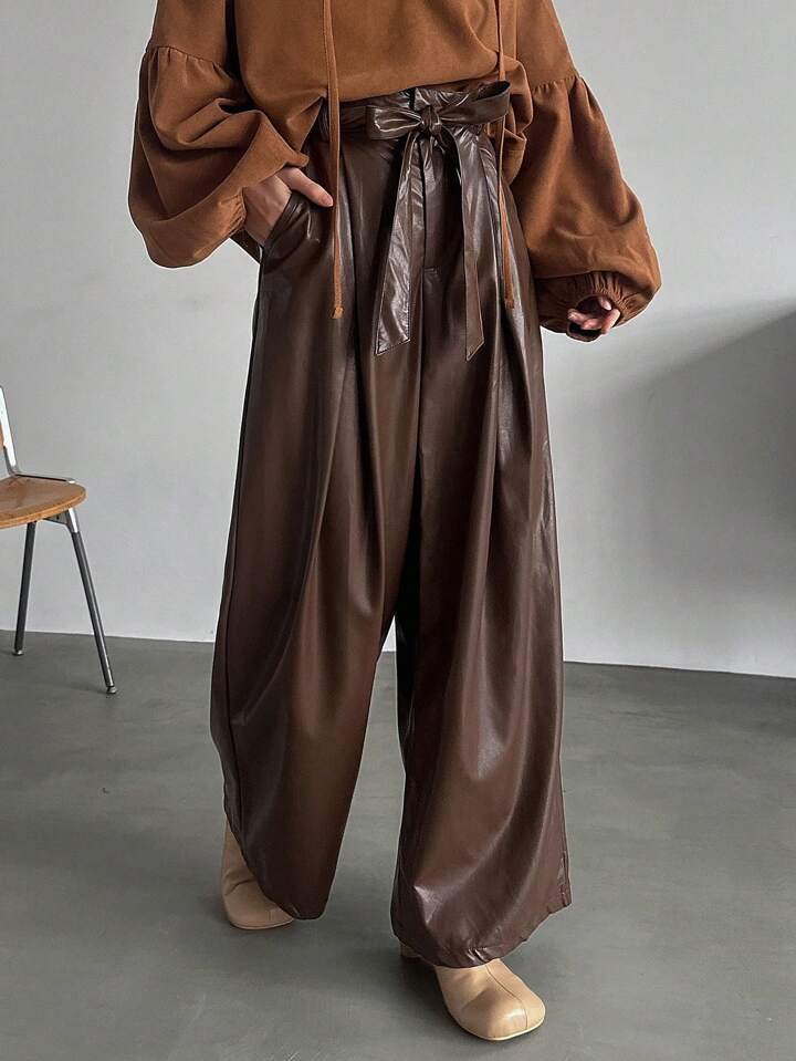 CM-BS677609 Women Trendy Bohemian Style PU Leather Pants With Belt - Coffee Brown