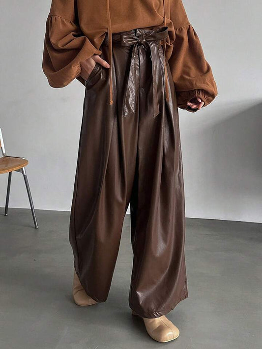 CM-BS677609 Women Trendy Bohemian Style PU Leather Pants With Belt - Coffee Brown