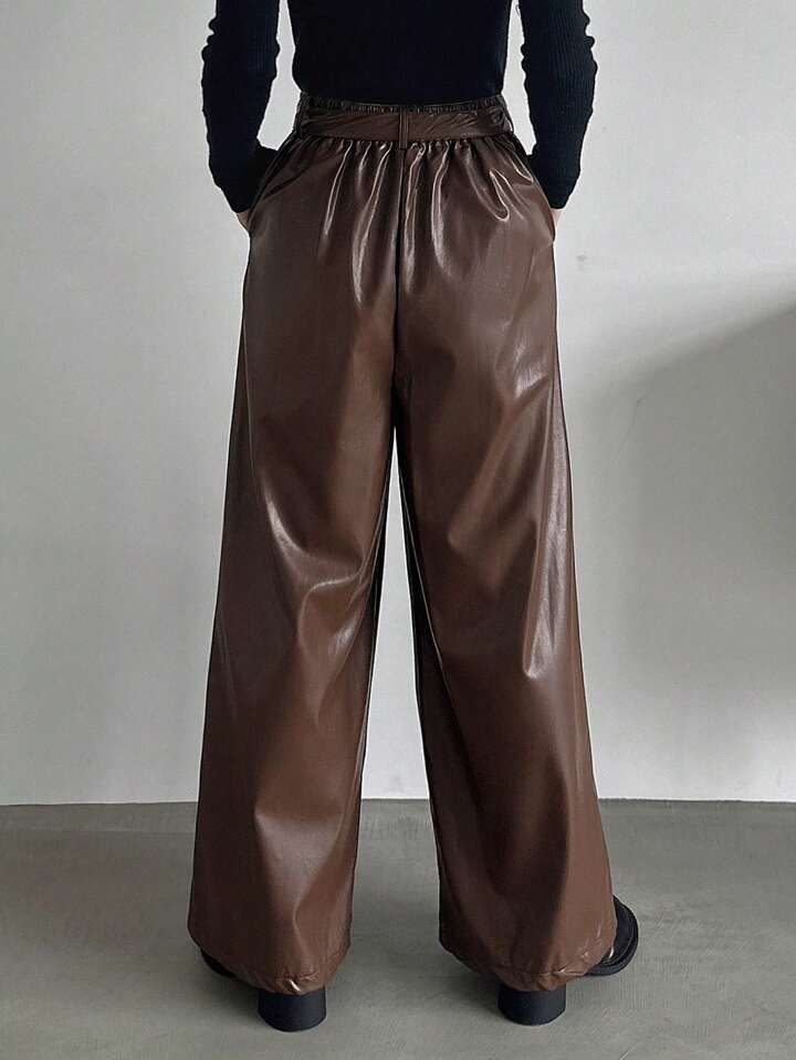 CM-BS677609 Women Trendy Bohemian Style PU Leather Pants With Belt - Coffee Brown