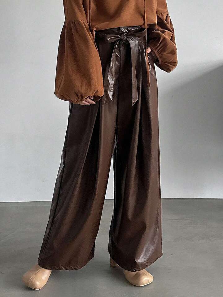 CM-BS677609 Women Trendy Bohemian Style PU Leather Pants With Belt - Coffee Brown