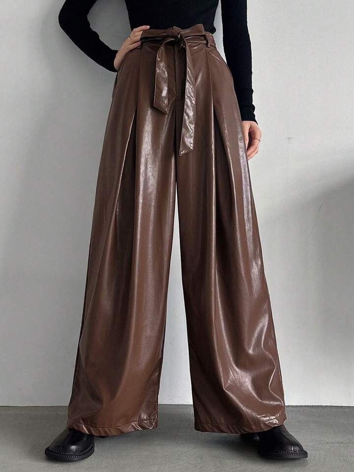 CM-BS677609 Women Trendy Bohemian Style PU Leather Pants With Belt - Coffee Brown