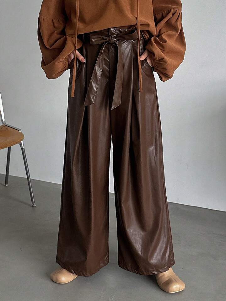 CM-BS677609 Women Trendy Bohemian Style PU Leather Pants With Belt - Coffee Brown