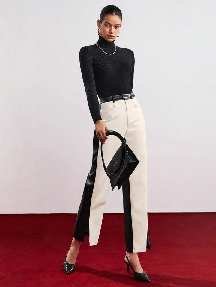 CM-BS411336 Women Elegant Seoul Style Contrast Color Straight Trousers