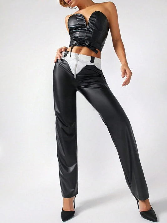 CM-BS606232 Women Elegant Seoul Style Two Tone Zip Front PU Leather Pants