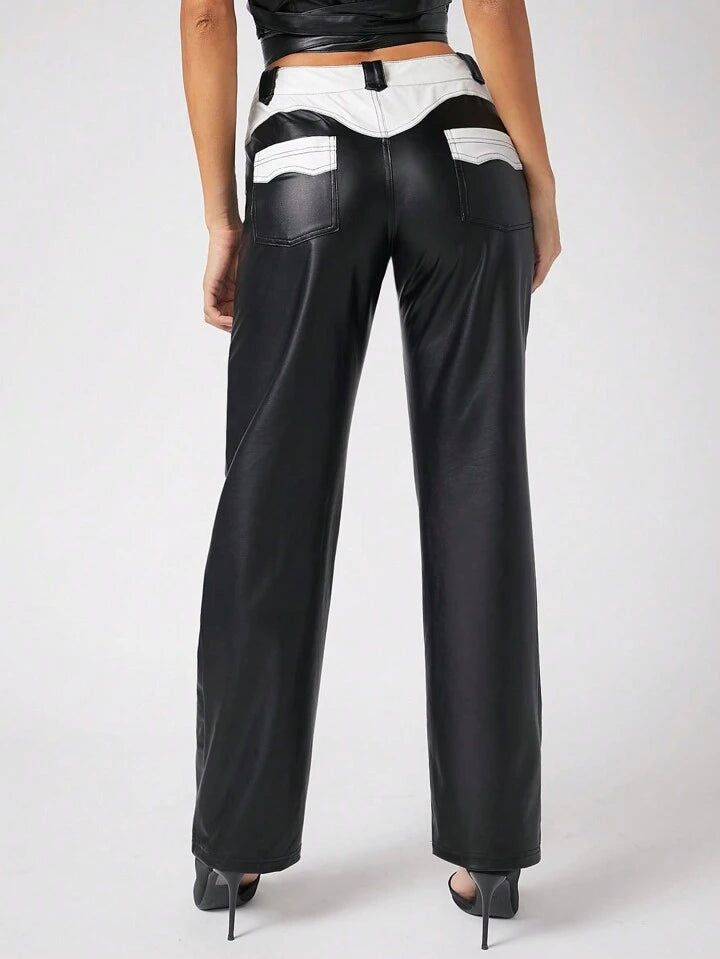 CM-BS606232 Women Elegant Seoul Style Two Tone Zip Front PU Leather Pants