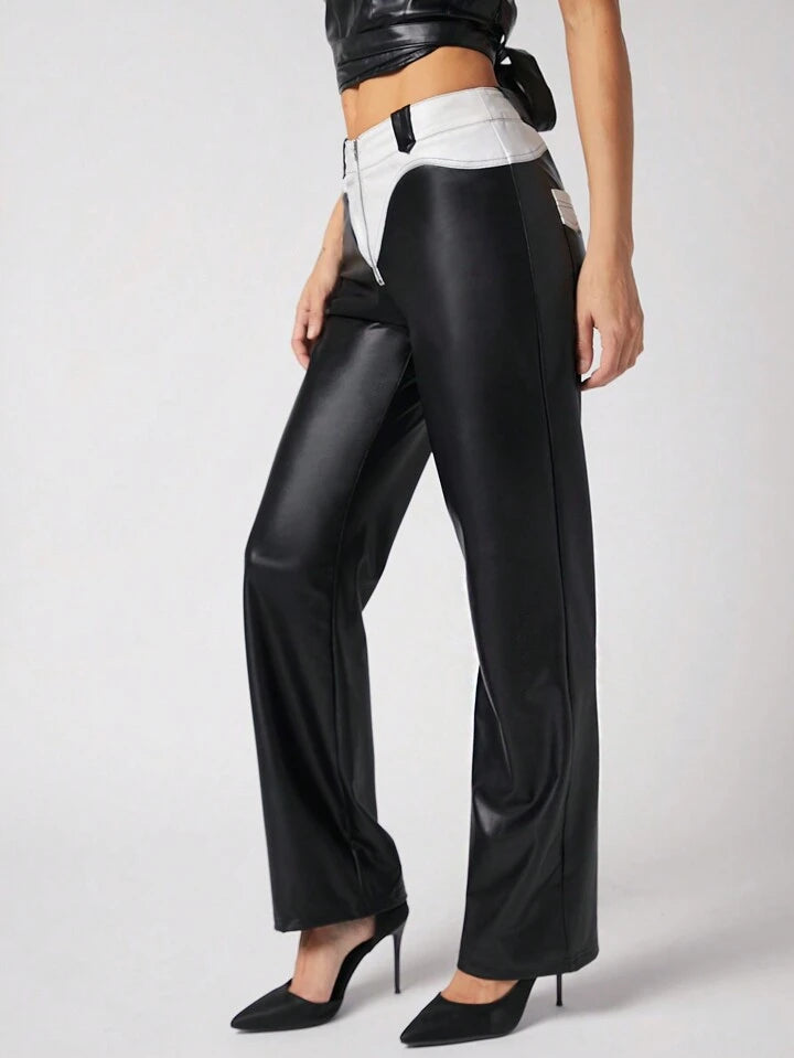 CM-BS606232 Women Elegant Seoul Style Two Tone Zip Front PU Leather Pants