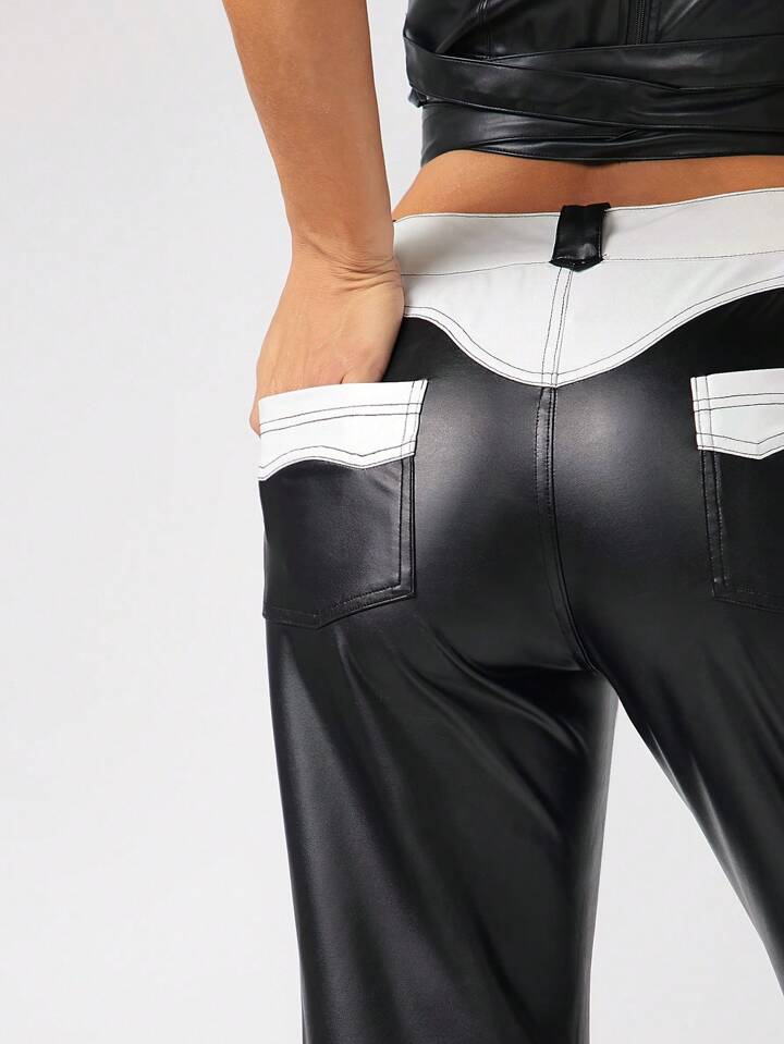 CM-BS606232 Women Elegant Seoul Style Two Tone Zip Front PU Leather Pants