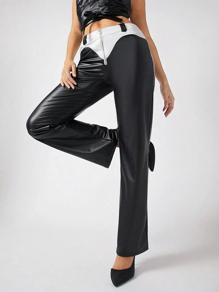 CM-BS606232 Women Elegant Seoul Style Two Tone Zip Front PU Leather Pants