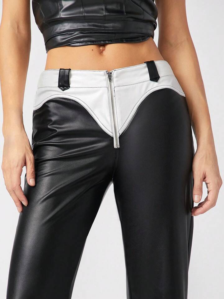 CM-BS606232 Women Elegant Seoul Style Two Tone Zip Front PU Leather Pants