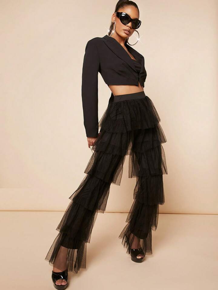 CM-BS478785 Women Elegant Seoul Style High Waist Mesh Overlay Layer Hem Pants