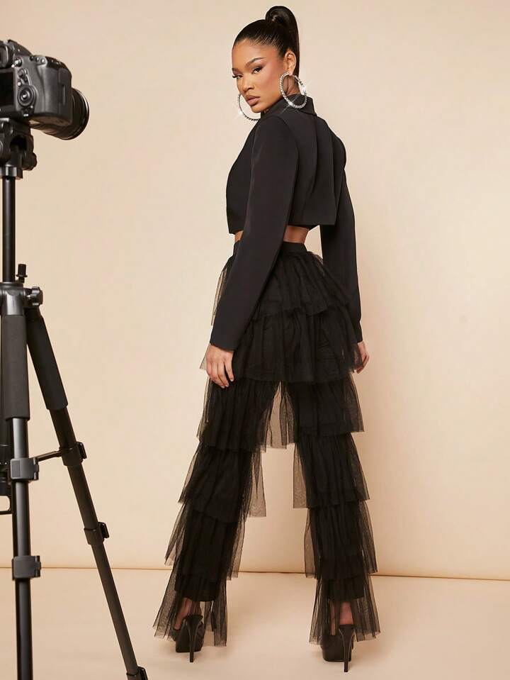 CM-BS478785 Women Elegant Seoul Style High Waist Mesh Overlay Layer Hem Pants