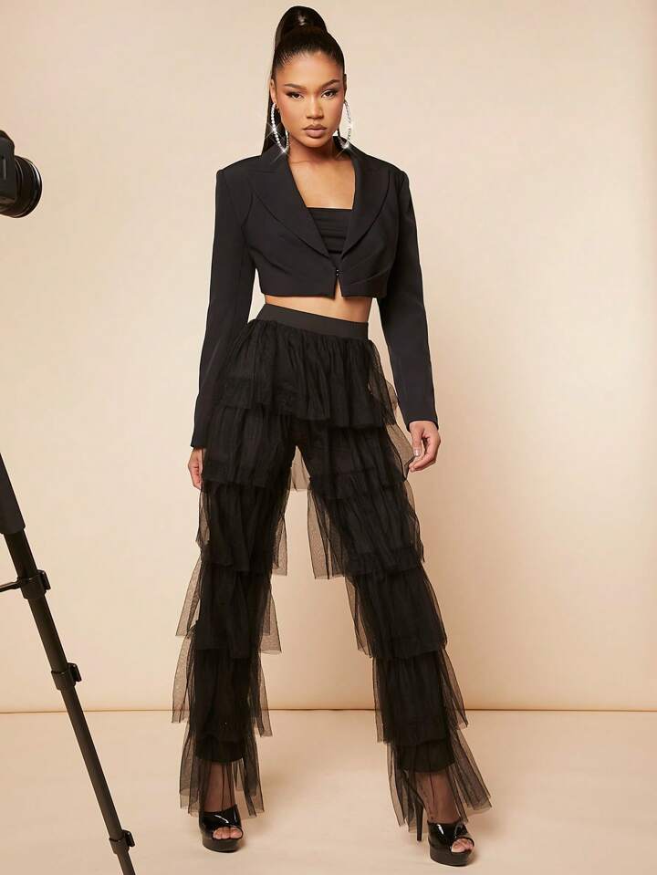 CM-BS478785 Women Elegant Seoul Style High Waist Mesh Overlay Layer Hem Pants