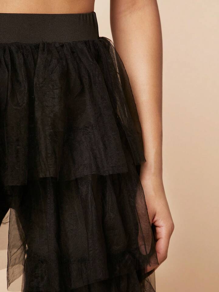 CM-BS478785 Women Elegant Seoul Style High Waist Mesh Overlay Layer Hem Pants
