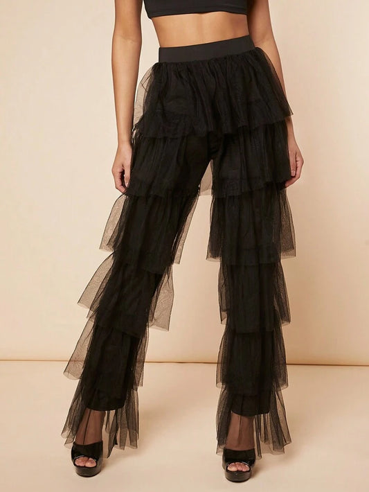 CM-BS478785 Women Elegant Seoul Style High Waist Mesh Overlay Layer Hem Pants
