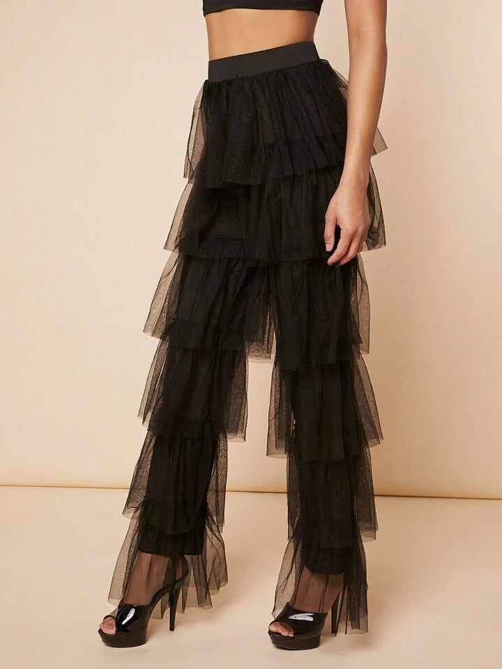 CM-BS478785 Women Elegant Seoul Style High Waist Mesh Overlay Layer Hem Pants