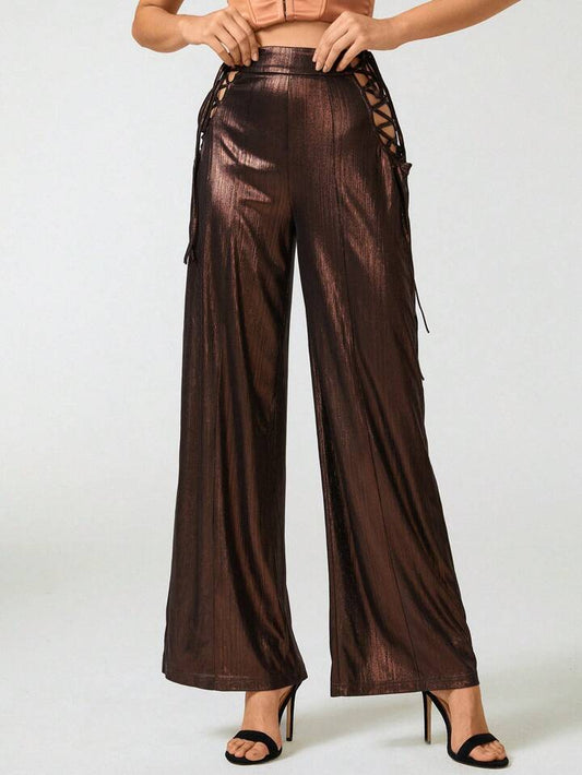 CM-BS828117 Women Elegant Seoul Style Lace Up Side Wide Leg Pants - Brown