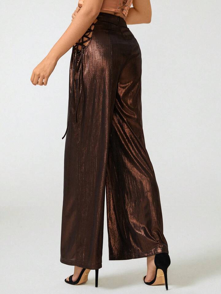 CM-BS828117 Women Elegant Seoul Style Lace Up Side Wide Leg Pants - Brown
