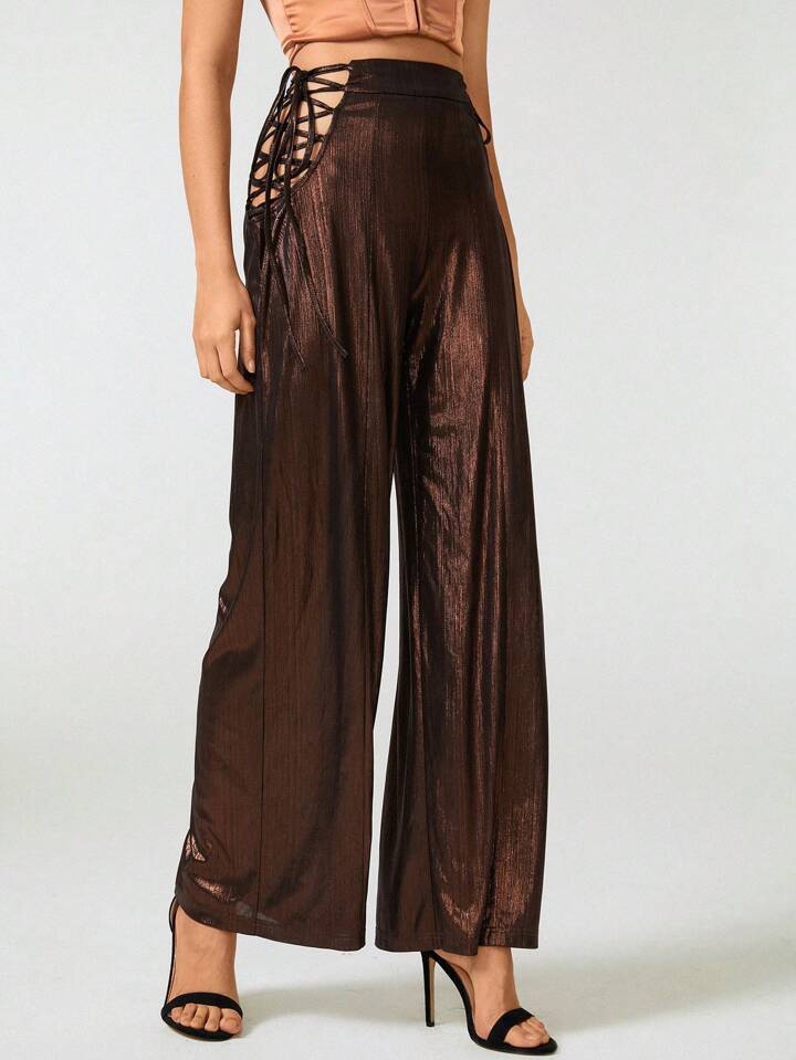 CM-BS828117 Women Elegant Seoul Style Lace Up Side Wide Leg Pants - Brown