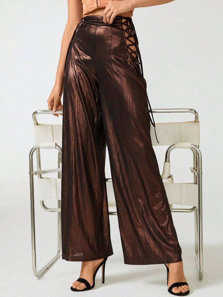 CM-BS828117 Women Elegant Seoul Style Lace Up Side Wide Leg Pants - Brown