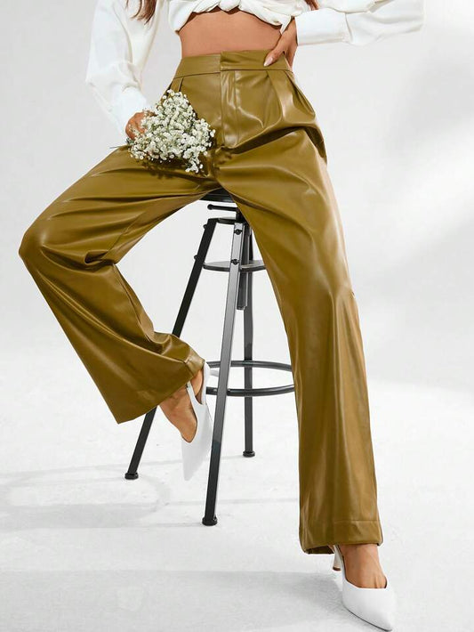 CM-BS554994 Women Elegant Seoul Style Pleated Faux PU Leather Long Pants - Olive Green