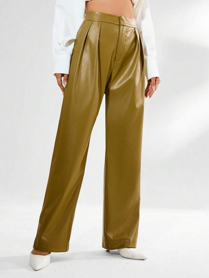CM-BS554994 Women Elegant Seoul Style Pleated Faux PU Leather Long Pants - Olive Green
