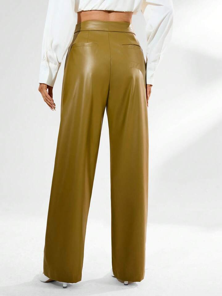 CM-BS554994 Women Elegant Seoul Style Pleated Faux PU Leather Long Pants - Olive Green