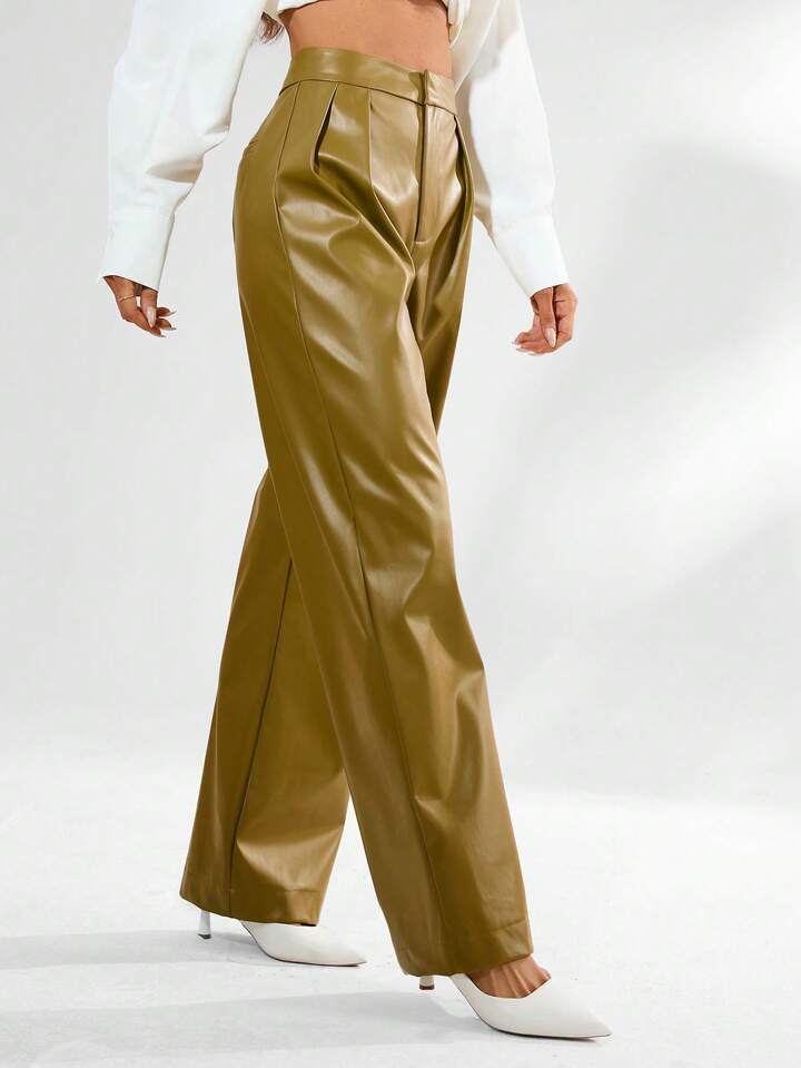 CM-BS554994 Women Elegant Seoul Style Pleated Faux PU Leather Long Pants - Olive Green