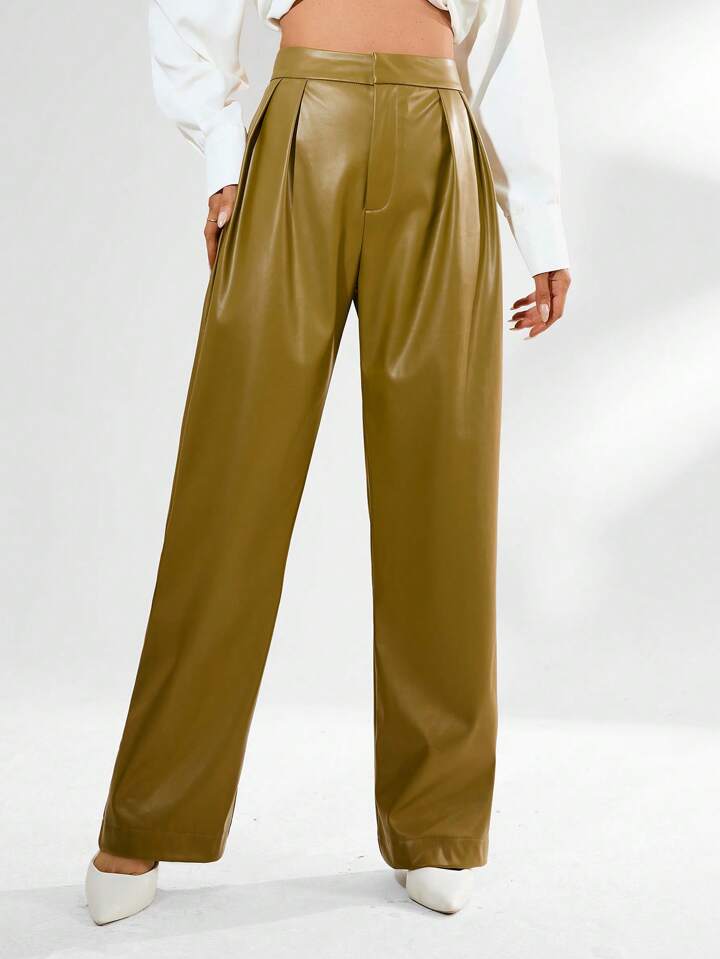 CM-BS554994 Women Elegant Seoul Style Pleated Faux PU Leather Long Pants - Olive Green