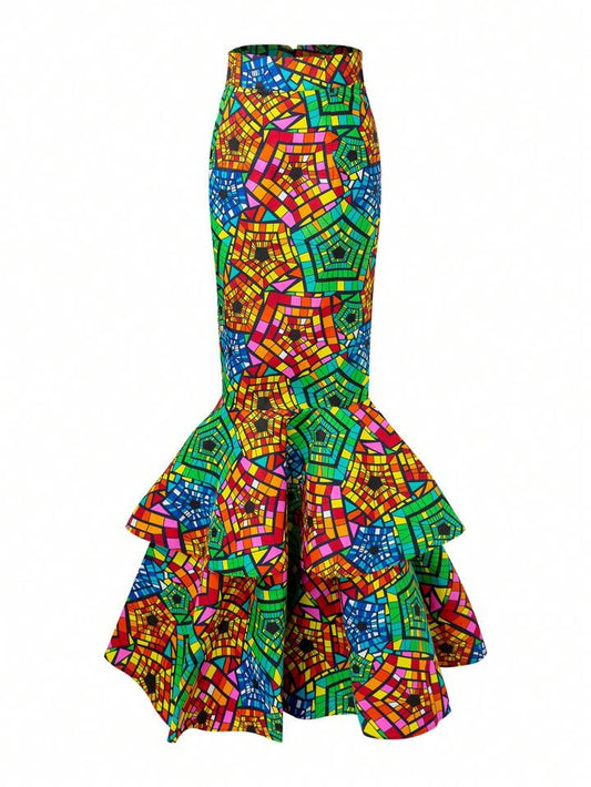 CM-BS997599 Women Elegant Seoul Style Geometric Print Double-Layered High-Low Hem Skirt