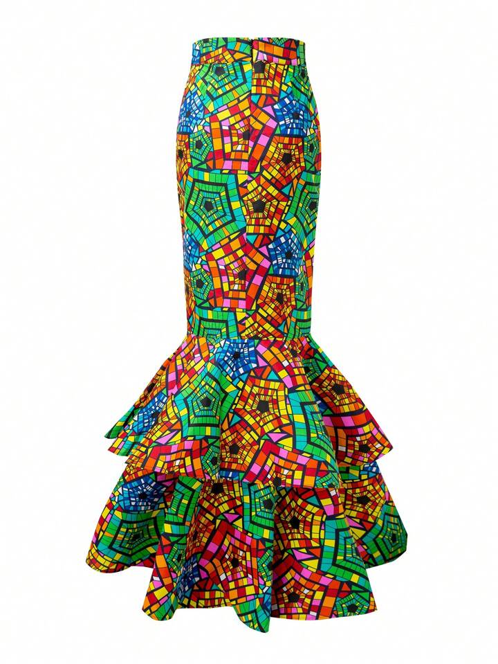 CM-BS997599 Women Elegant Seoul Style Geometric Print Double-Layered High-Low Hem Skirt
