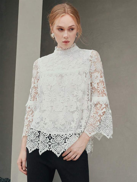 CM-TS256033 Women Elegant Seoul Style Half High Collar Lace Flare Sleeve Top - White