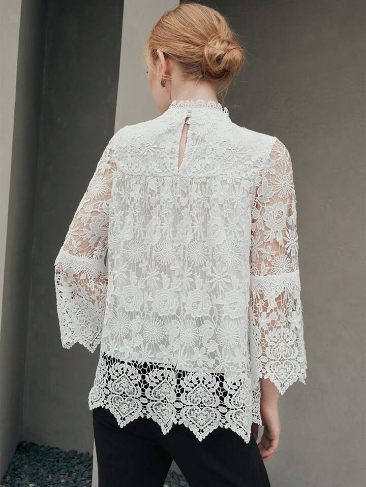 CM-TS256033 Women Elegant Seoul Style Half High Collar Lace Flare Sleeve Top - White