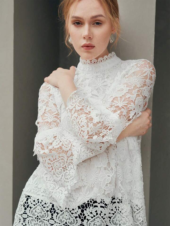 CM-TS256033 Women Elegant Seoul Style Half High Collar Lace Flare Sleeve Top - White