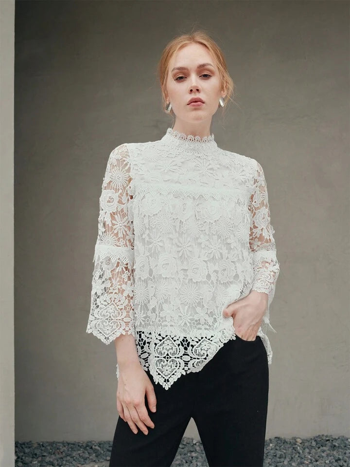 CM-TS256033 Women Elegant Seoul Style Half High Collar Lace Flare Sleeve Top - White