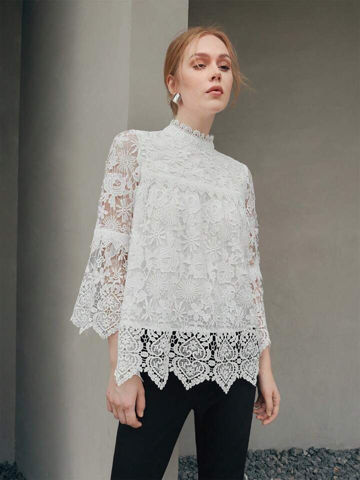 CM-TS256033 Women Elegant Seoul Style Half High Collar Lace Flare Sleeve Top - White