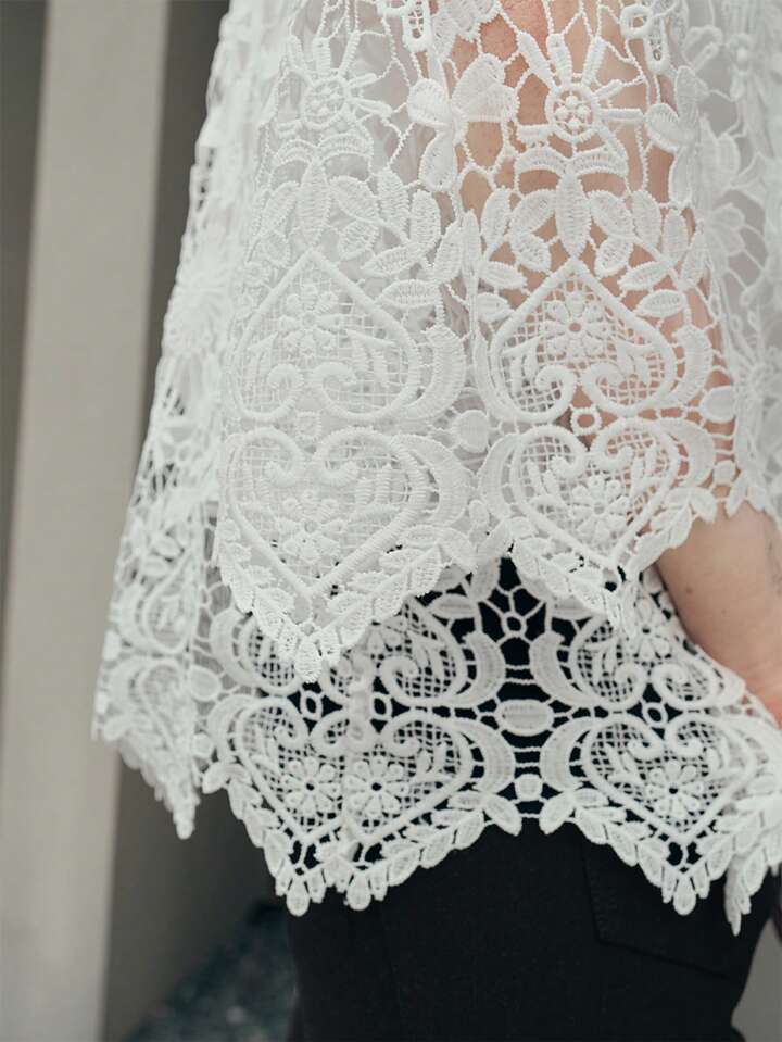 CM-TS256033 Women Elegant Seoul Style Half High Collar Lace Flare Sleeve Top - White