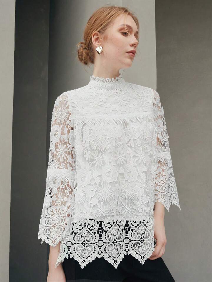 CM-TS256033 Women Elegant Seoul Style Half High Collar Lace Flare Sleeve Top - White
