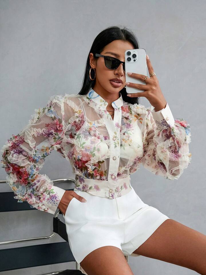 CM-TS899440 Women Elegant Seoul Style Random Printed Long Sleeve Blouse