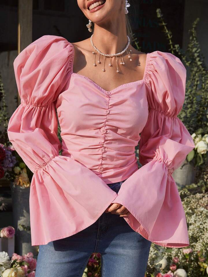 CM-TS454424 Women Elegant Seoul Style Lotus Leaf Sleeve And Pleated Detail Shirt - Pink