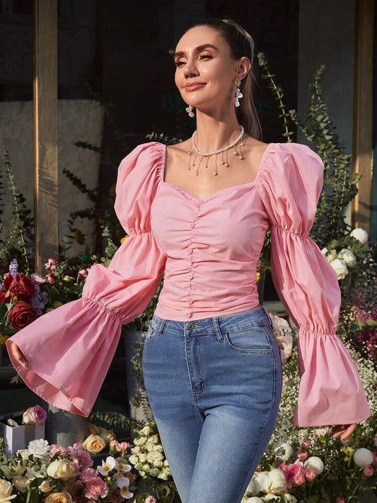 CM-TS454424 Women Elegant Seoul Style Lotus Leaf Sleeve And Pleated Detail Shirt - Pink
