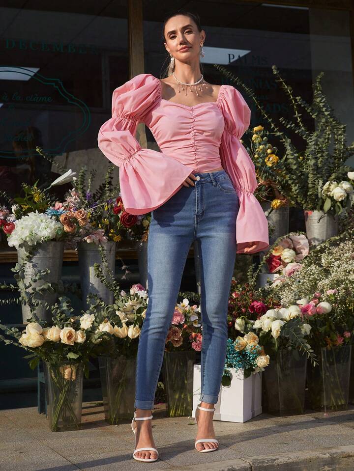 CM-TS454424 Women Elegant Seoul Style Lotus Leaf Sleeve And Pleated Detail Shirt - Pink